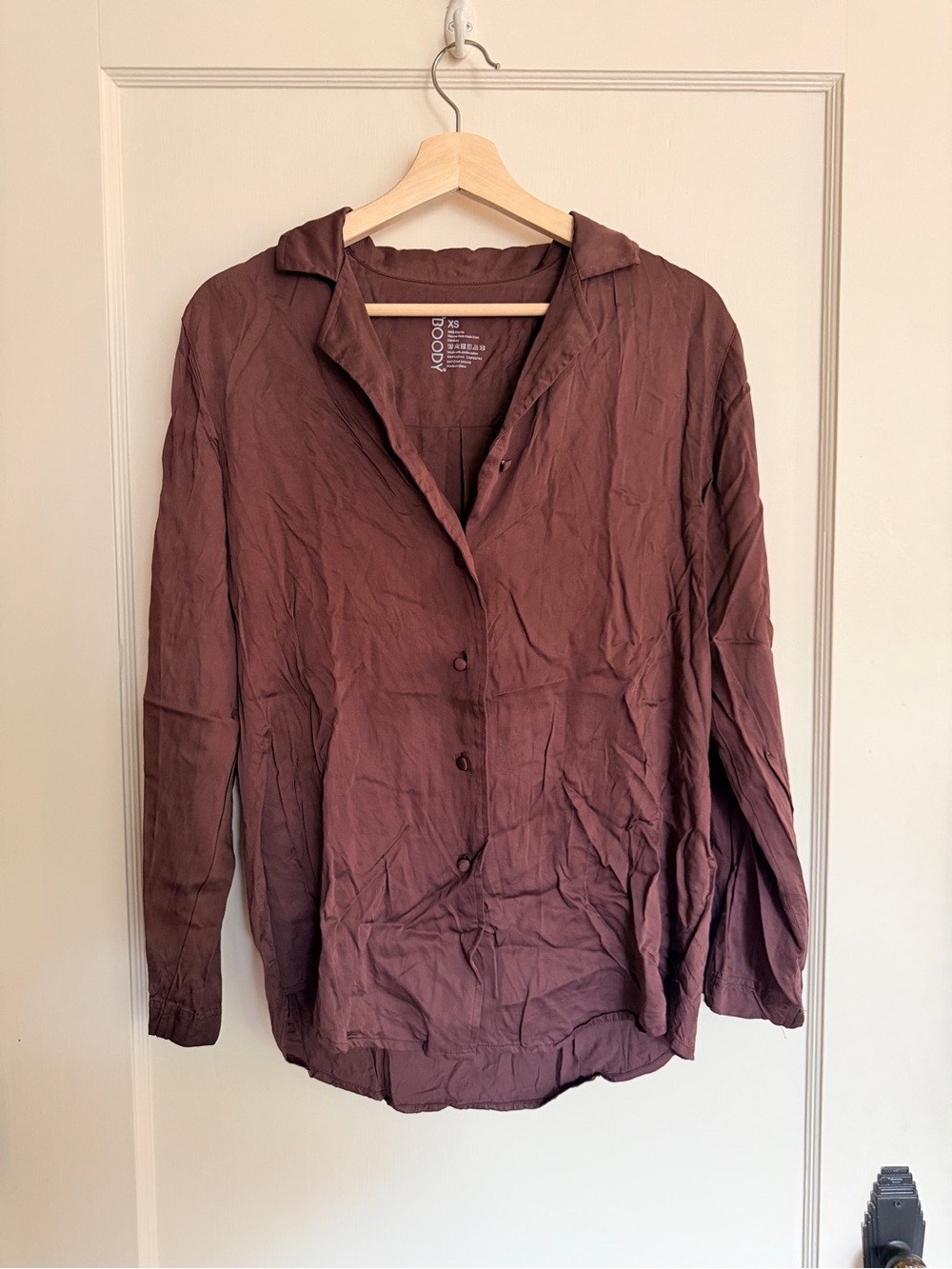 Boody “Vegan Silk” Oversized Long Sleeve Button Down Pajama Shirt - Garnet - XS